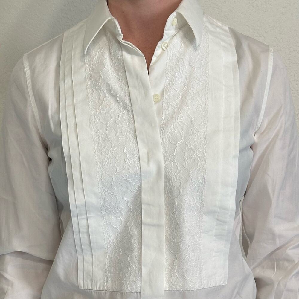 Dolce & Gabbana White Stretch Poplin Lace Tuxedo Shirt IT 38 US 2 Formal Dress - Picture 5 of 13